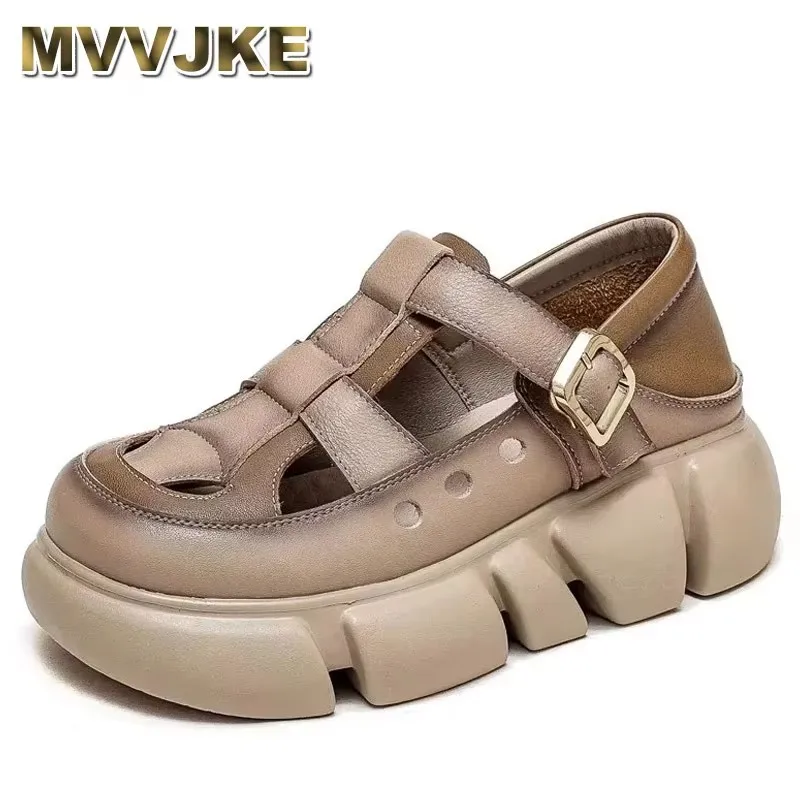 

2025 Summer New Retro Mixed Colors Sandals Thick Sole Round Toe Buckle Genuine Leather Fashion Women Platform Shoes