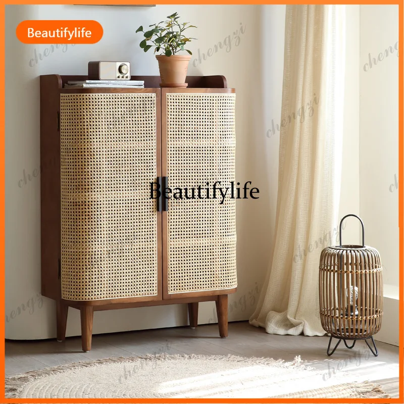 10 Nordic solid wood shoe cabinet creative living room home storage shoe rack home door storage rattan cabinet breathable
