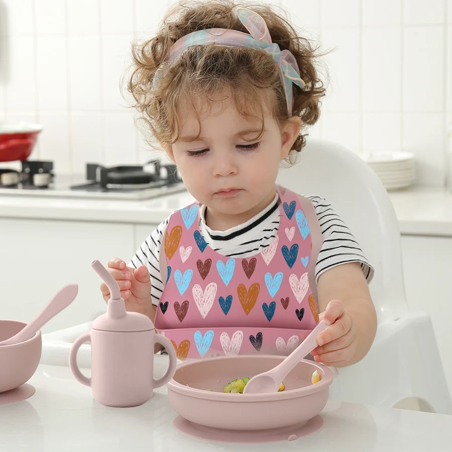 6Pcs/1Set Baby Feeding Dining Appliance Waterproof Bibs For Children Non-Slip Bowl Dinner Set Plates Spoon Fork Cup Baby Stuff