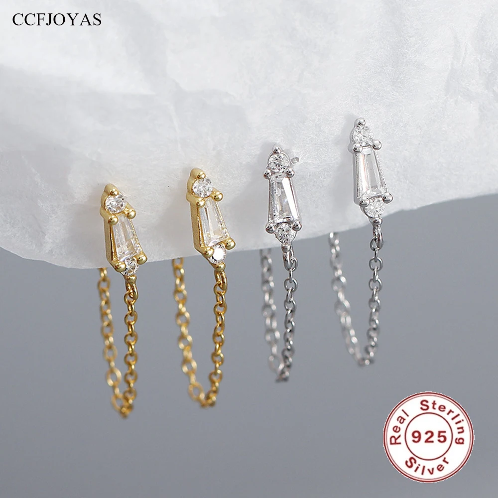 

CCFJOYAS 100% 925 Sterling Silver Geometric Tassel Chain Earrings for Women 18k Gold Plated White Zircon Stud Earrings Jewelry