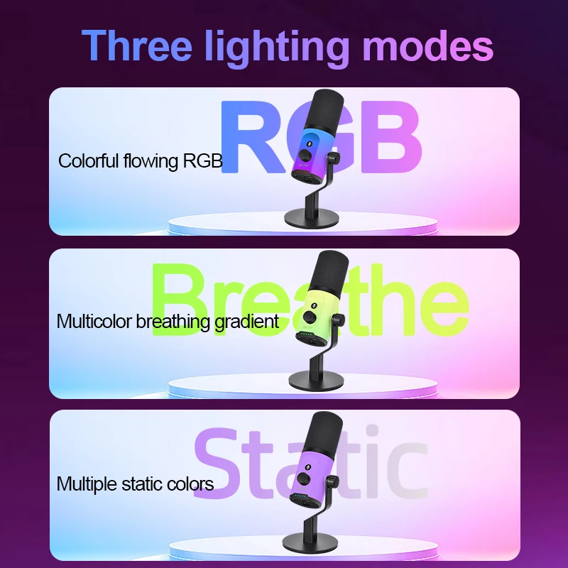 USB RGB dynamic microphone for live streaming, podcast recording, and gaming streaming. XLR/USB dynamic microphone