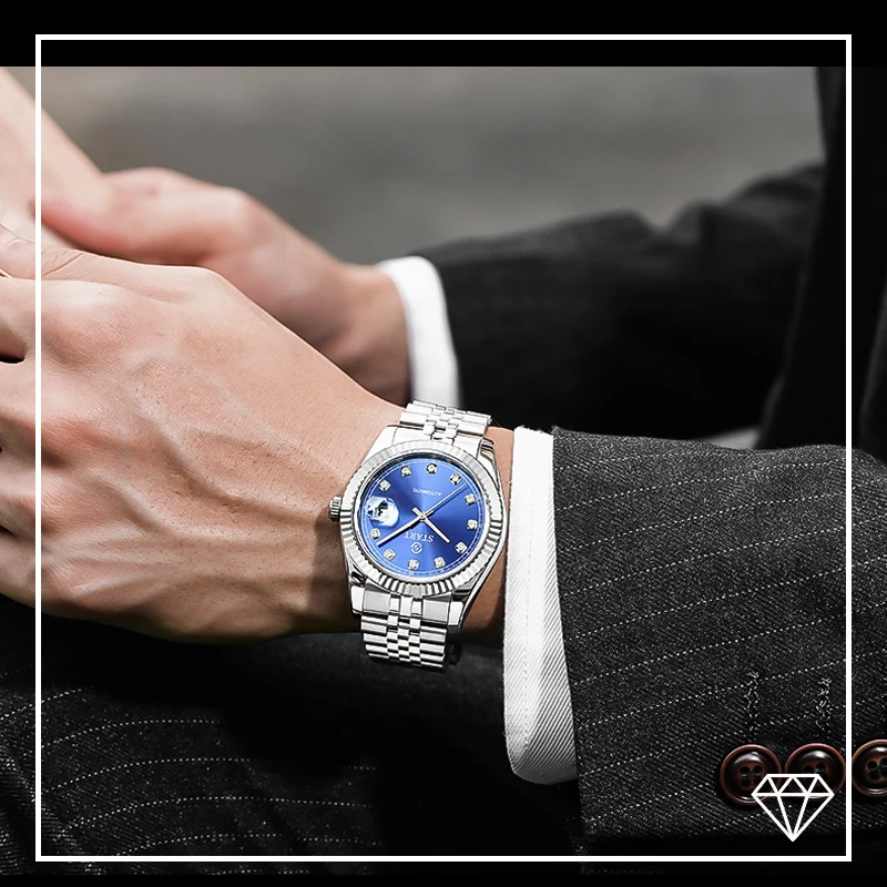 

【START】Мужские водонепроницаемые часы с алмазным циферблатом автоматические механические часы с функцией календаря металлические часы