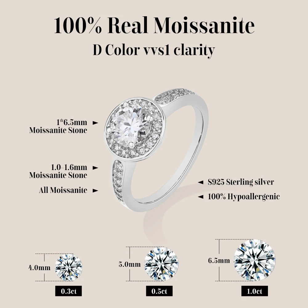 MINTYBOX Round Cut 1CT Moissanite Rings S925 Silver Halo Engagement Ring for Women Luxury Wedding Party Jewelry Gift Certificate