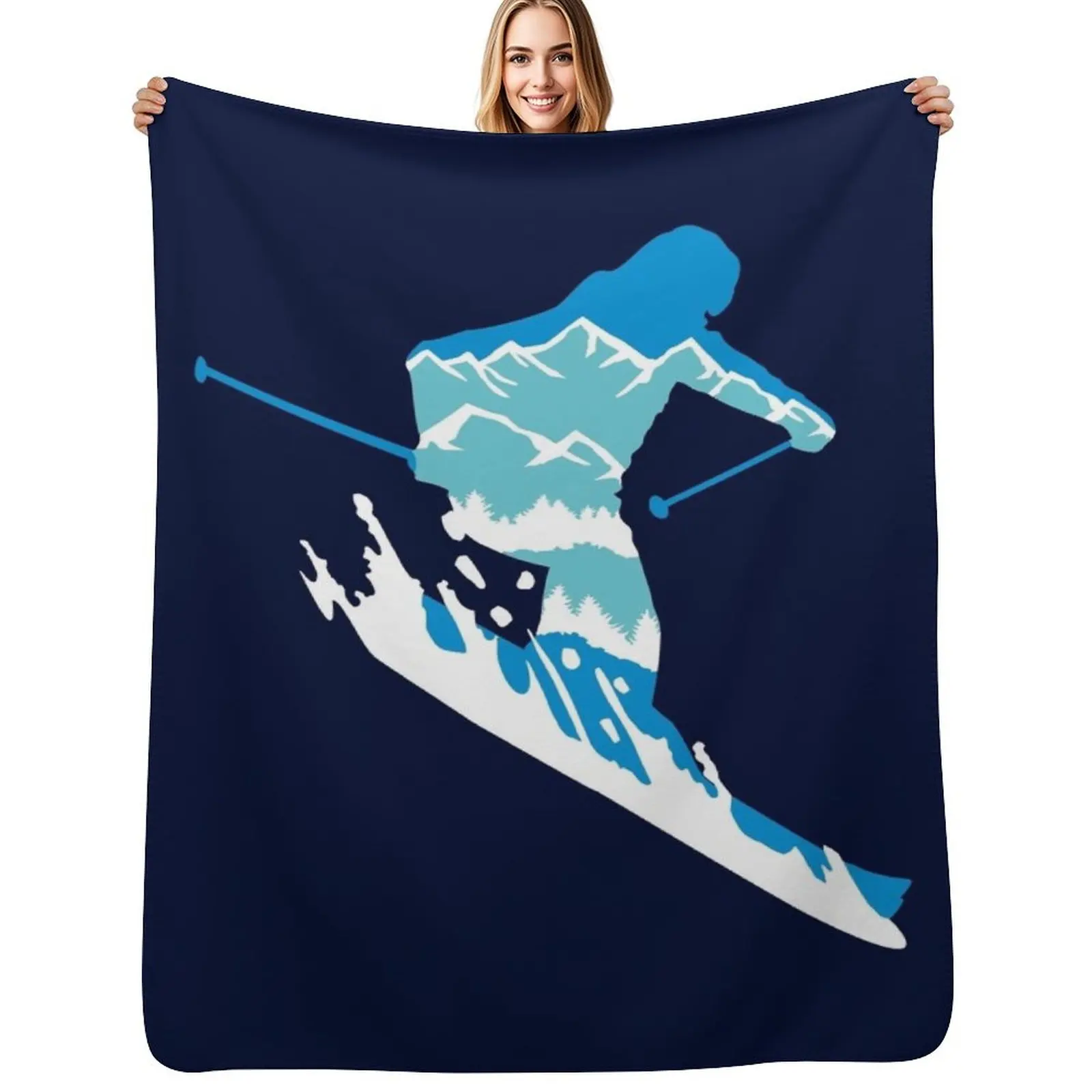 Skier and mountain silhouette - skiing, skiing Throw Blanket Color Fast Cozy Throw Blanket