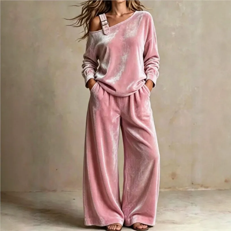 Damen Frühling Herbst Lockerer Anzug Sexy Off-Shoulder Einfarbiges Oberteil + Weite Hose Zweiteiliges Set Elegantes Büro-Outfit mit Tasche