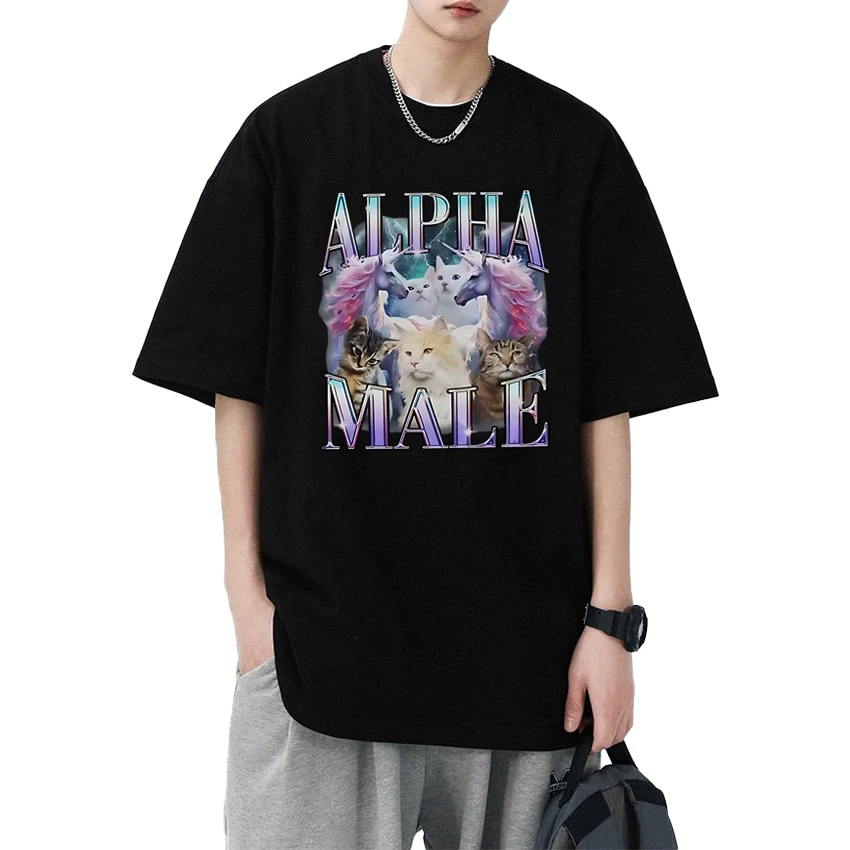 

Fashion Alpha Male Unicorn Cat New in black T shirts Men Women harajuku Trend Tops Unisex Oversized Cotton short sleeve T-shirt