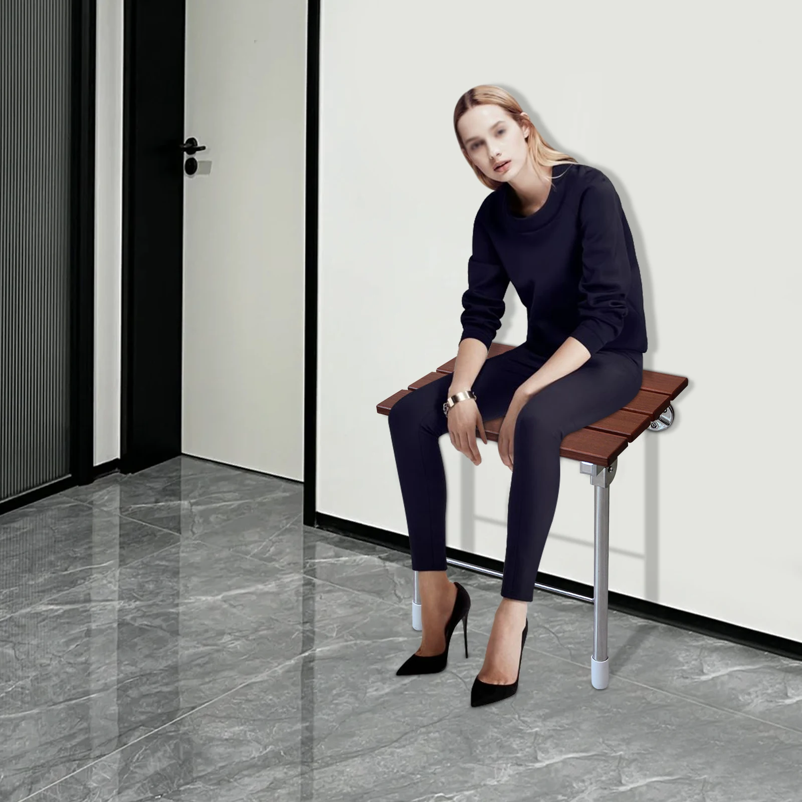 

Wooden Wall Mounted Shower Chair, Folding Bathroom Shower Seat, Home & Hotel Furniture, Shoe Bench - 160kg Capacity, 38*31*44cm