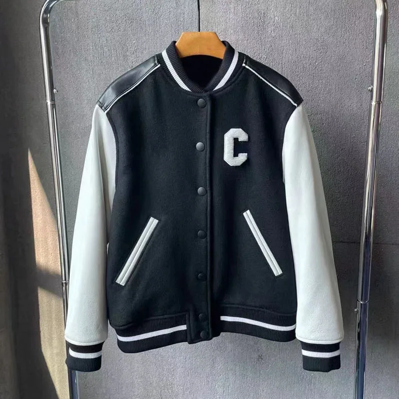 Chaqueta de cuero genuino de alta calidad, uniforme de béisbol, longitud corta, lana empalmada, manga de cuero de vaca Real, decoración de letras