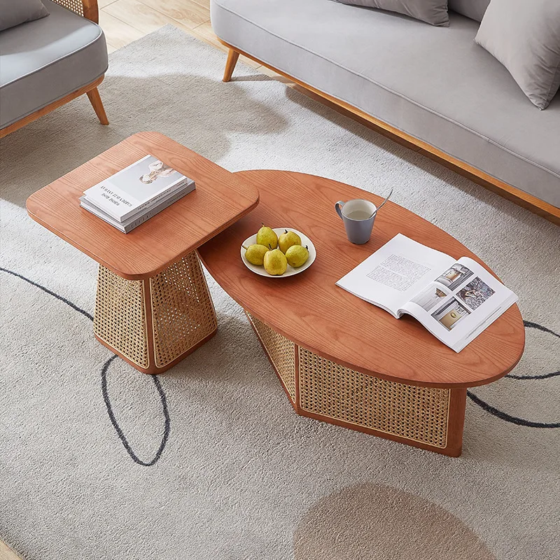 

Japanese retro solid wood rattan special-shaped coffee table combination living room household log wind low table creative side