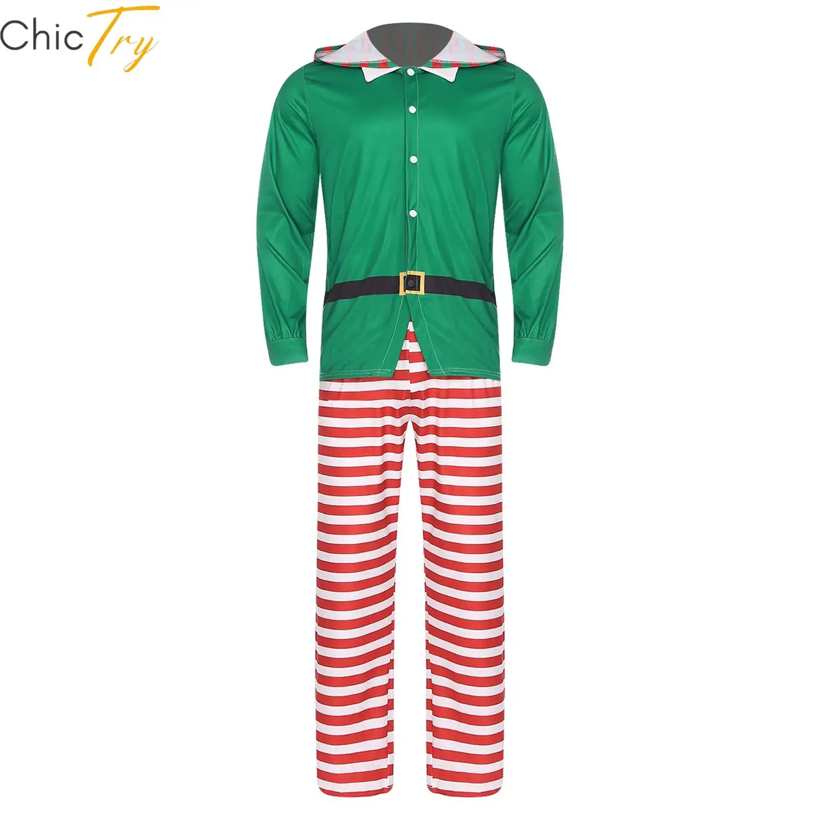

Mens Christmas Elf Party Cosplay Costume Long Sleeve Hooded Top and Striped Pants Set Comfortable Santa Clause Suit Festive Wear