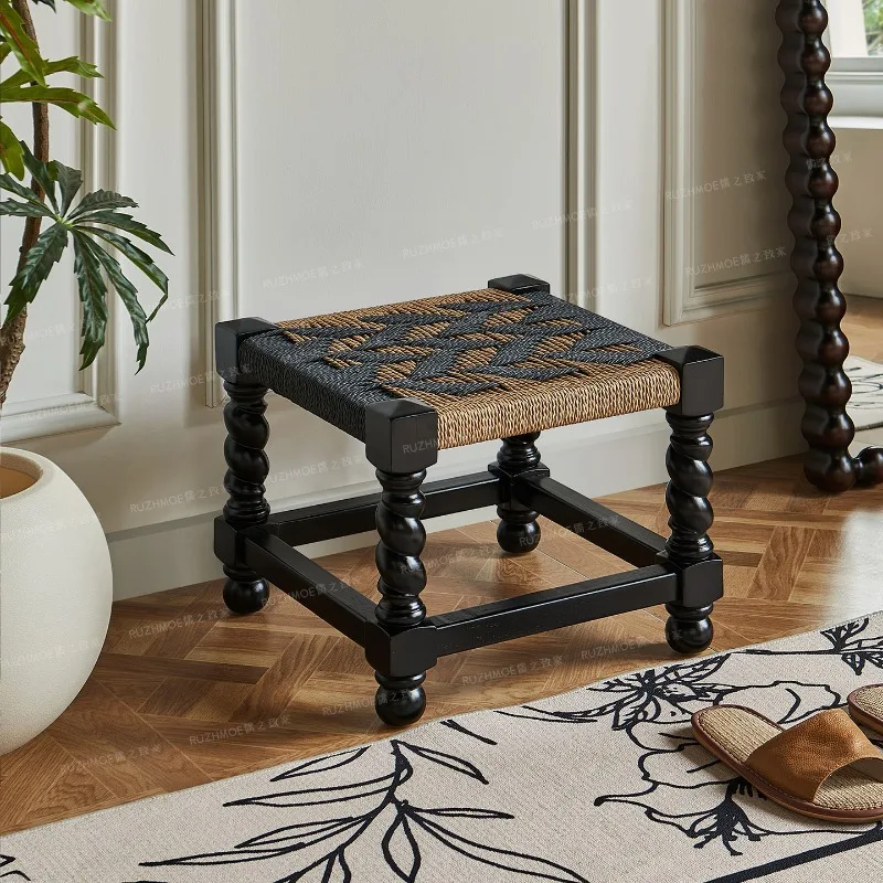Mid-Century Entryway Bench Minimalist Woven Square Stool Living Room Ottoman Accent Seat Hallway Shoes Stool for Home Decor