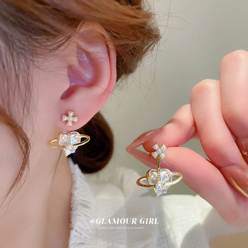 2023 New Rhinestone Pearl Gold Color Love Heart Stud Earrings For Women Temperament Planet Saturn Earrings Fashion Jewelry Gift