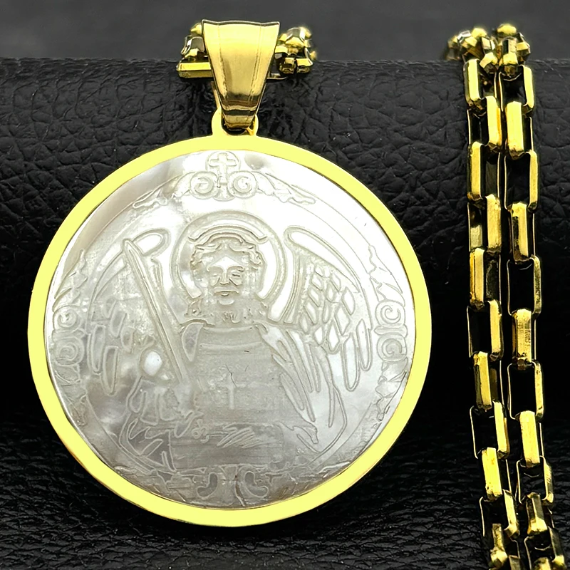 

Archangel Michael Cross Pendant Necklace For Women Men Stainless Steel Natural Shell Christianity Faith Chain Jewelry Accessory