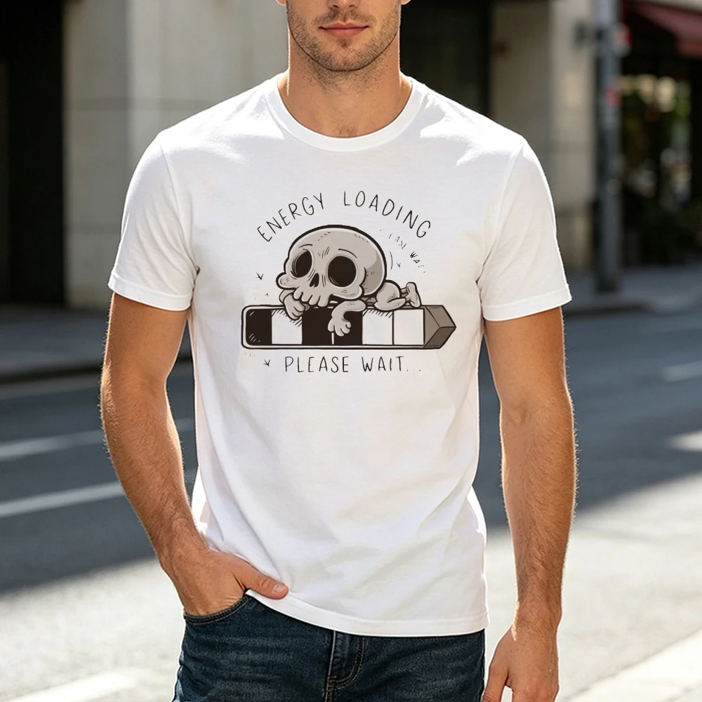 Energy Loading Skull Graphic T Shirt Male Tired Dead Meme Tee Summer Casual Daily Top Cute Skeleton Bar Illustration Shirt