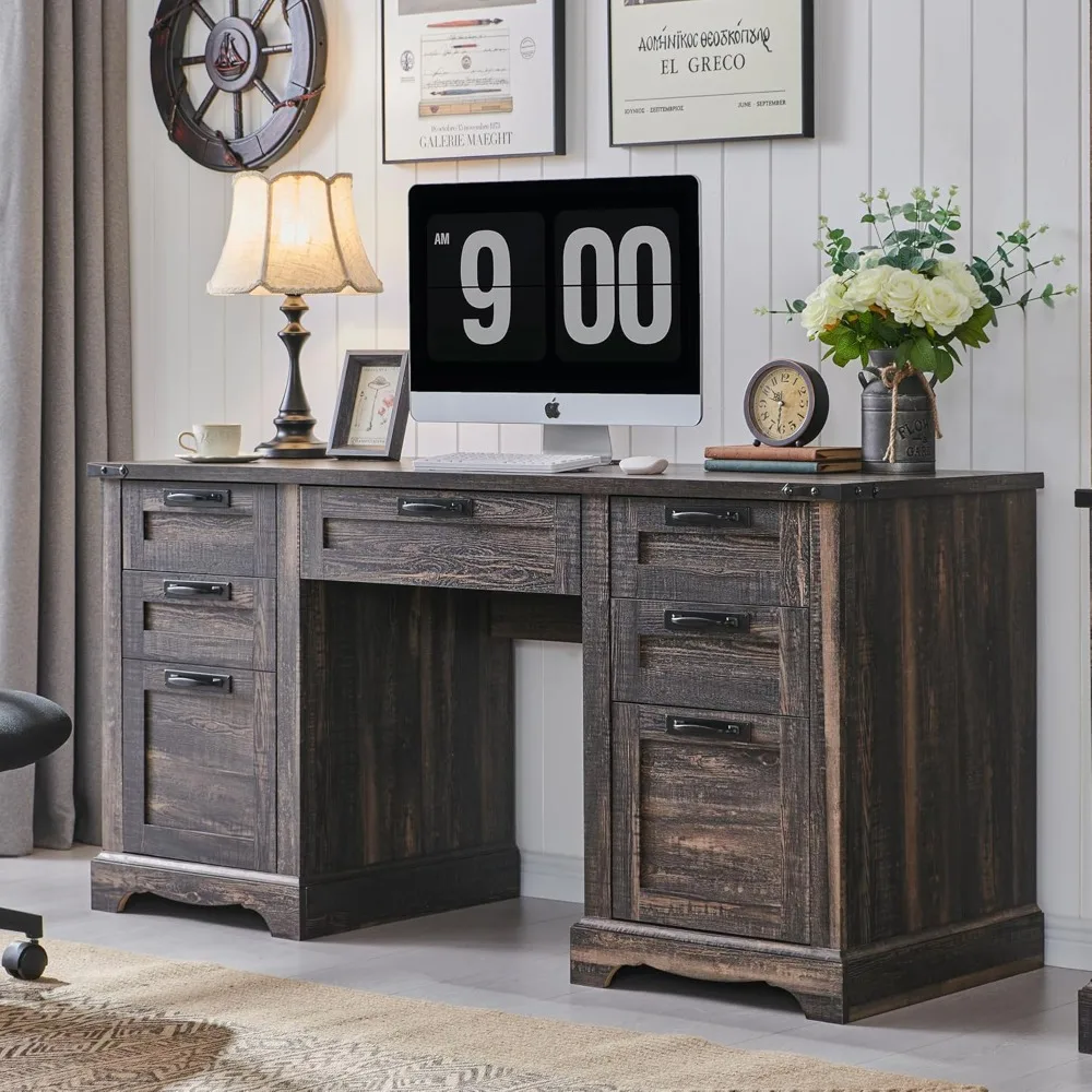 

60 Farmhouse Executive Desk, Home Office Desk with Drawers, Charging Station, Keyboard Tray, File Drawer, Storage Cabin