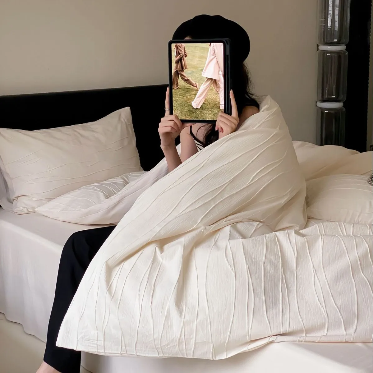 

Customizable washed cotton three-dimensional jacquard simple Japanese old money wind four-piece set 100 bed sheet quilt cover