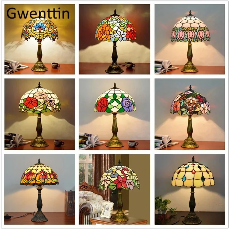 Vintage Tiffany Table Lamps Mediterranean Baroque Stained Glass Led Stand Desk Light Fixtures Bedroom Bedside Lamp Home Decor
