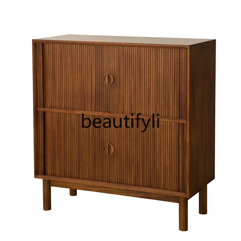 Nordic medieval solid wood dining side cabinet teak rolling shutter sliding door side cabinet locker retro storage porch cabinet