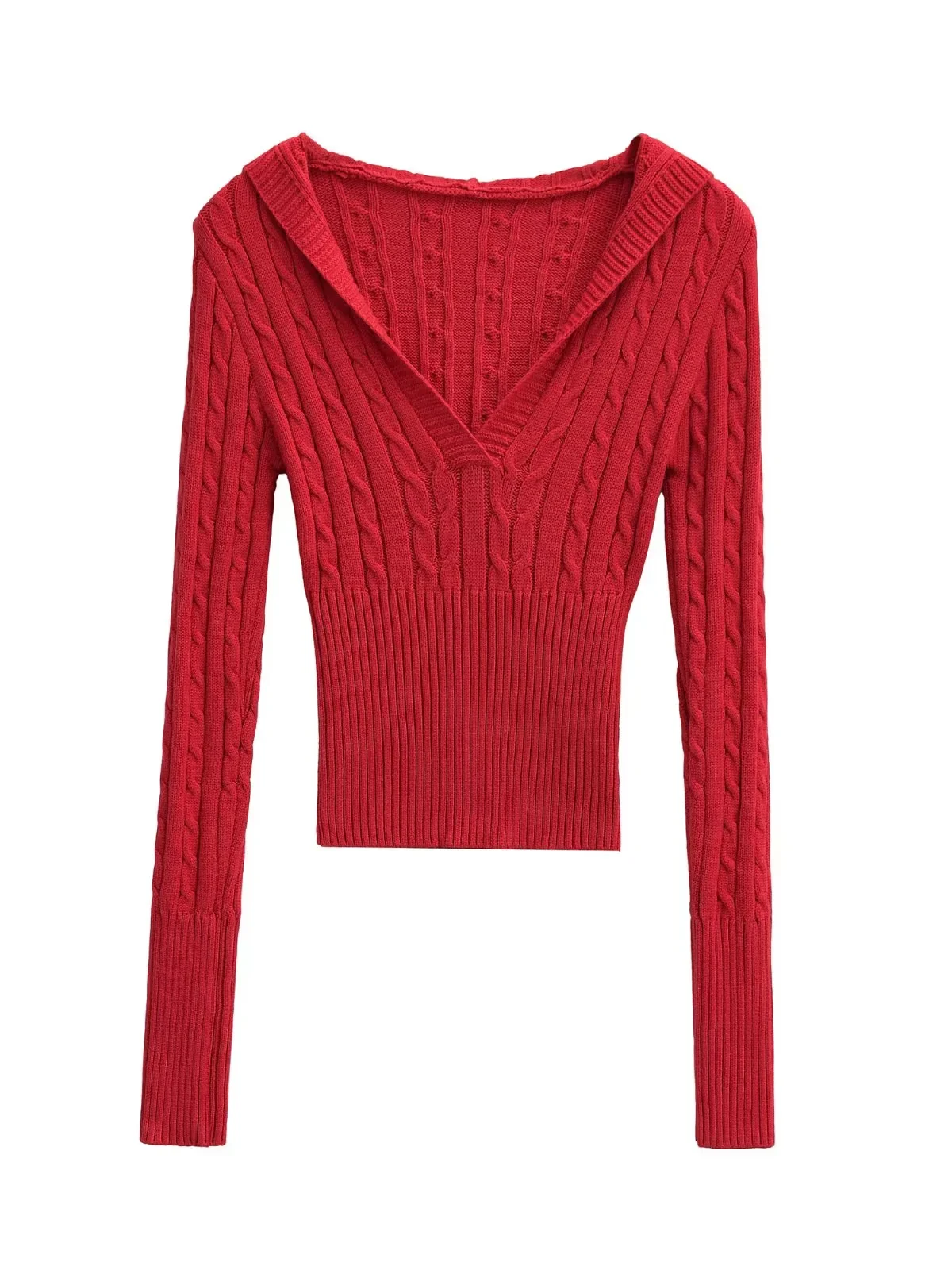 

Retro Waist-Cinching V-Ne Knitted Hat Red Women's Long Sve High Waist Pullover Top Slimming Twist Design Autumn Faion