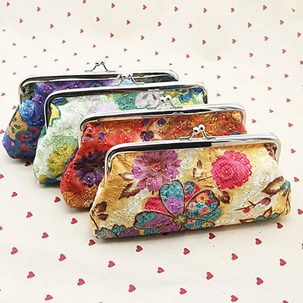 Wallet Embroidery Wear-resistant Large Capacity Elegant Hasp Closure Flower Cotton Embroidery Hasp Pouch Wallet For Party