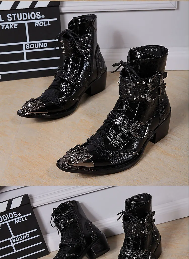 Herren Maßgefertigte Schlangenleder-Stiefel mit Nieten, Mittelhoch, Spitze Zehenkappe, Luxuriöser Singer-Modell-Stil, Bar-Party, Persönlichkeit, Herbstschuhe – Detail 19