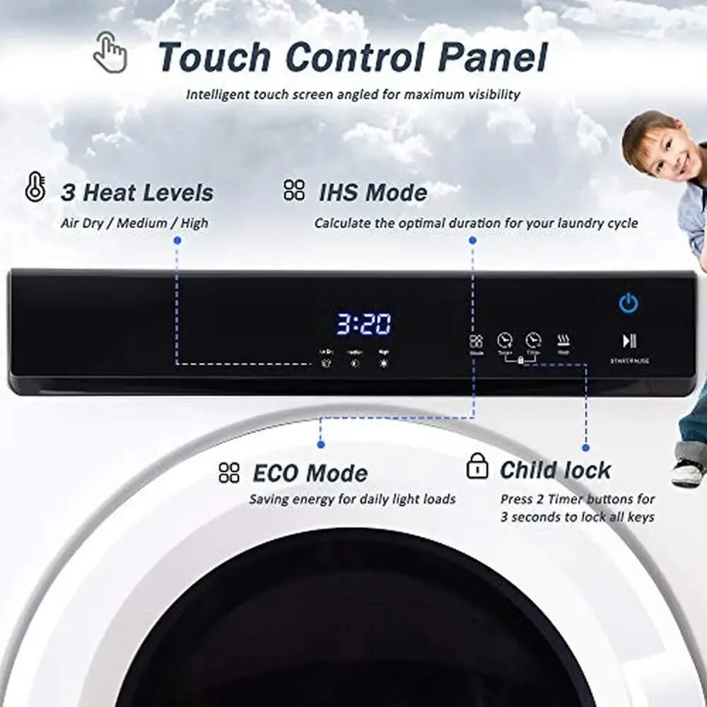 Portable Touch Screen Electric Clothes Dryer Stainless Steel Tub 3 Modes & 3 Heating Levels Compact & Quiet Apartments &