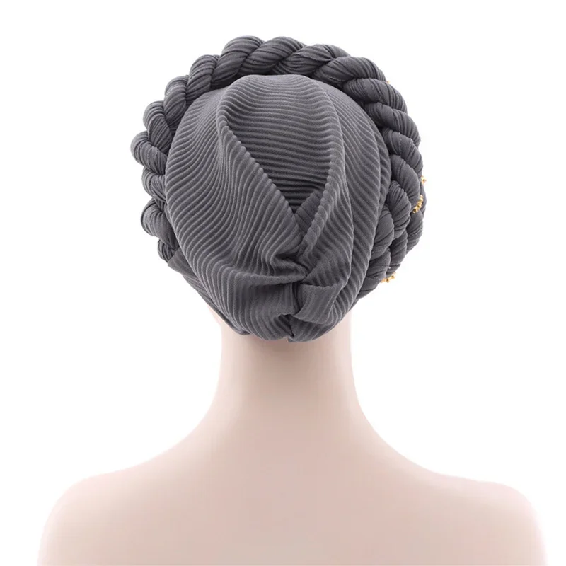 Rippled ผู้หญิงมุสลิม Hijab หมวก Double Braid เพชร Turban หมวก Lady มะเร็ง Chemo หมวกหญิงหมวก Bonnet ผมฝาครอบ