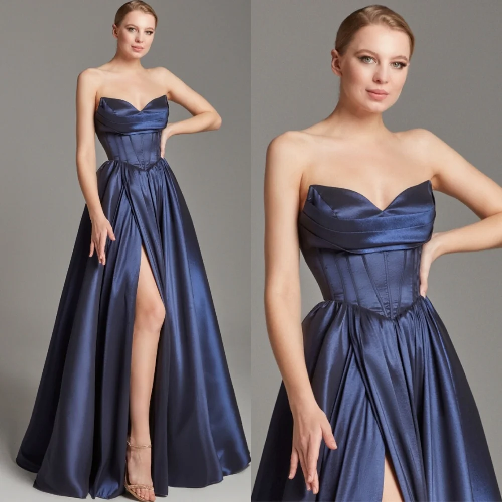 

Customized Simple Satin Celebrity Gowns Elegant Strapless Sleeveless Evening Dresses Modern Lace Up Back Special Occasion Gowns