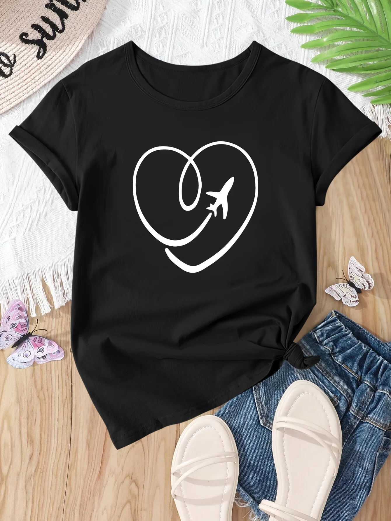 

Heart Airplane Print Round Neck Sports T-shirt Sleeve Running Casual Top Summer Short Sleeved Harajuku Streetwear Tops Tees