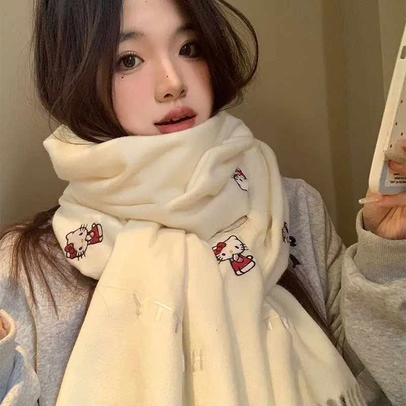 

Kawaii Sanrio Hello Kitty мультяшный узор, мягкий и теплый шарф, женский осенне-зимний студенческий милый универсальный шаль с вышивкой на шею