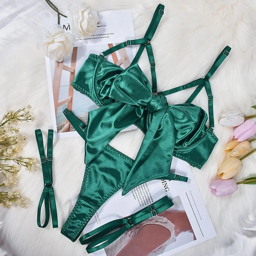 

Comfortable Bow Underwear Three Piece Set Ruffle Women Lingerie Satin Silk Bra Suit Hollow Out Sweet Women Lingerie Set Girl