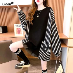 2023 New Spring and Autumn Fashion Korean Edition Extra Large Round Neck Panel Stripe Pocket Casual Loose Oversized Long Sweater