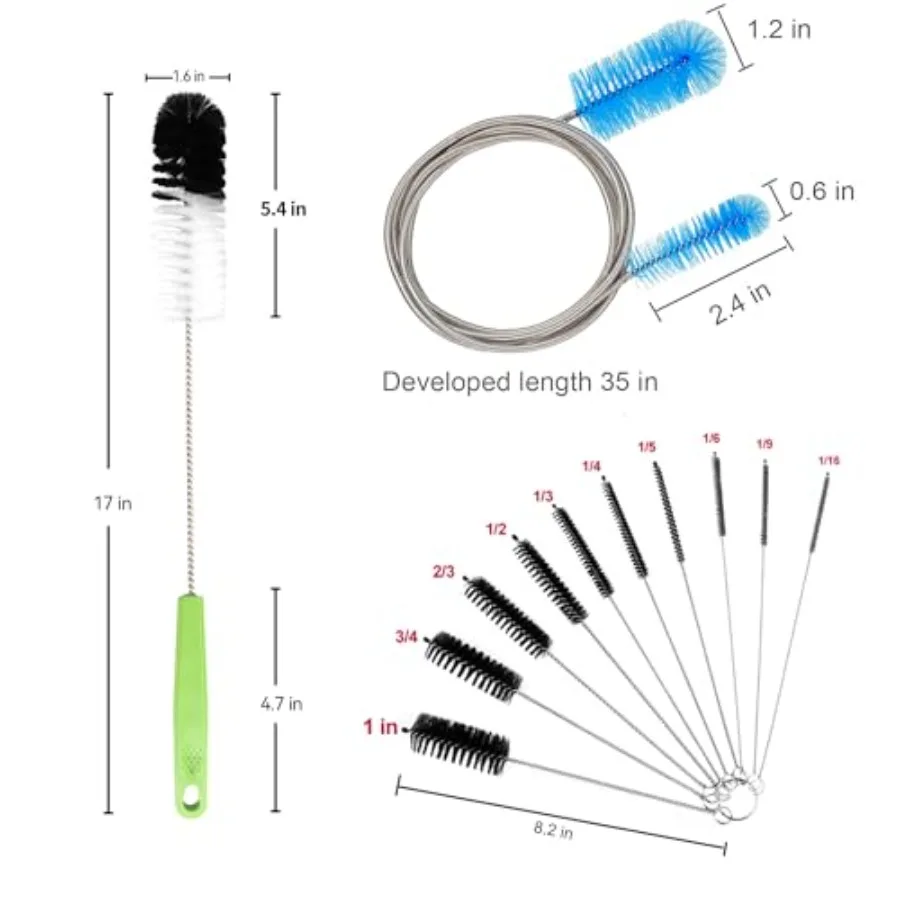 Набор из 12 труб для чистки труб с узкими шейными бутылками. Изогнутые стеклянные трубки и твердые щели с 17 длинными руками.