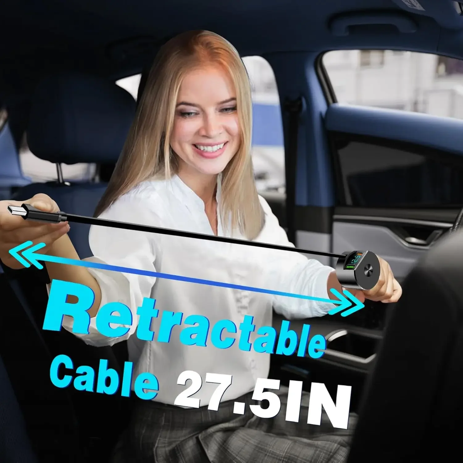 شاحن سيارة قابل للسحب 3 في 1، شحن سريع 69 وات PD30W + 2.4A كابلات مزدوجة لعرض الجهد لهواتف iPhone وAndroid #4