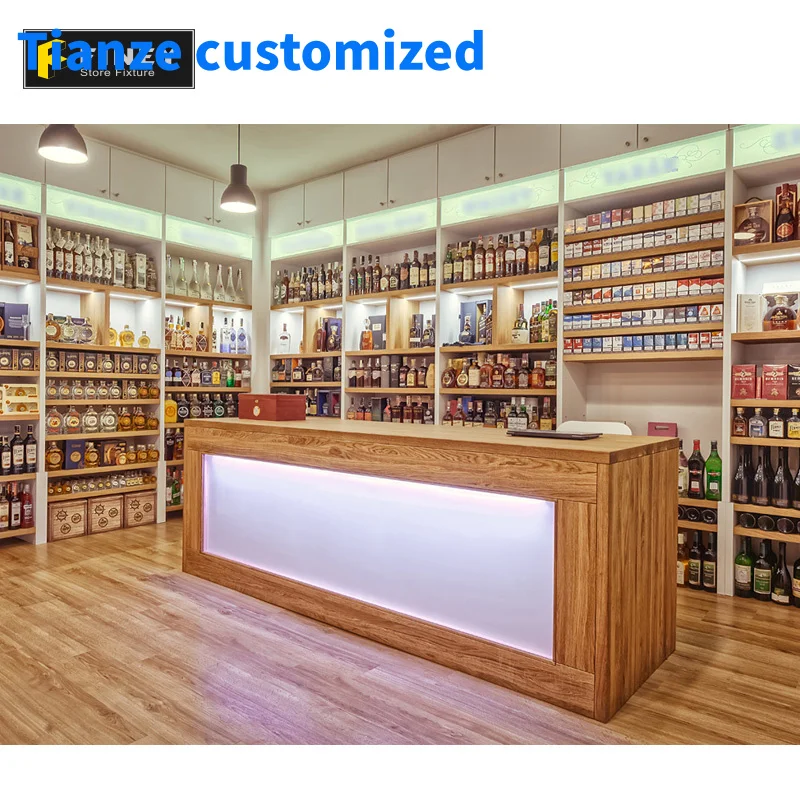 （customized）Modern High Quality MDF Wooden  Spray Lacquer Liquor Store Interior Counter Display Decoration Design