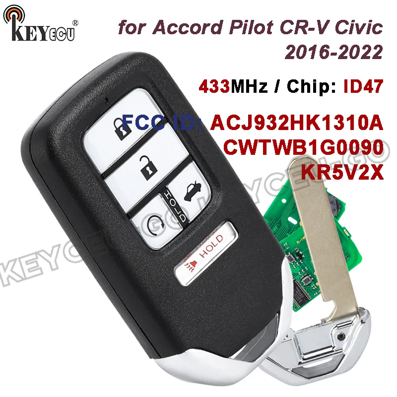 

KEYECU 433 МГц ID47 чип FCC ID: KR5V2X CWTWB1G0090 ACJ932HK1310A для Honda Accord Pilot CR-V Civic 2016-2022 дистанционный автомобильный брелок