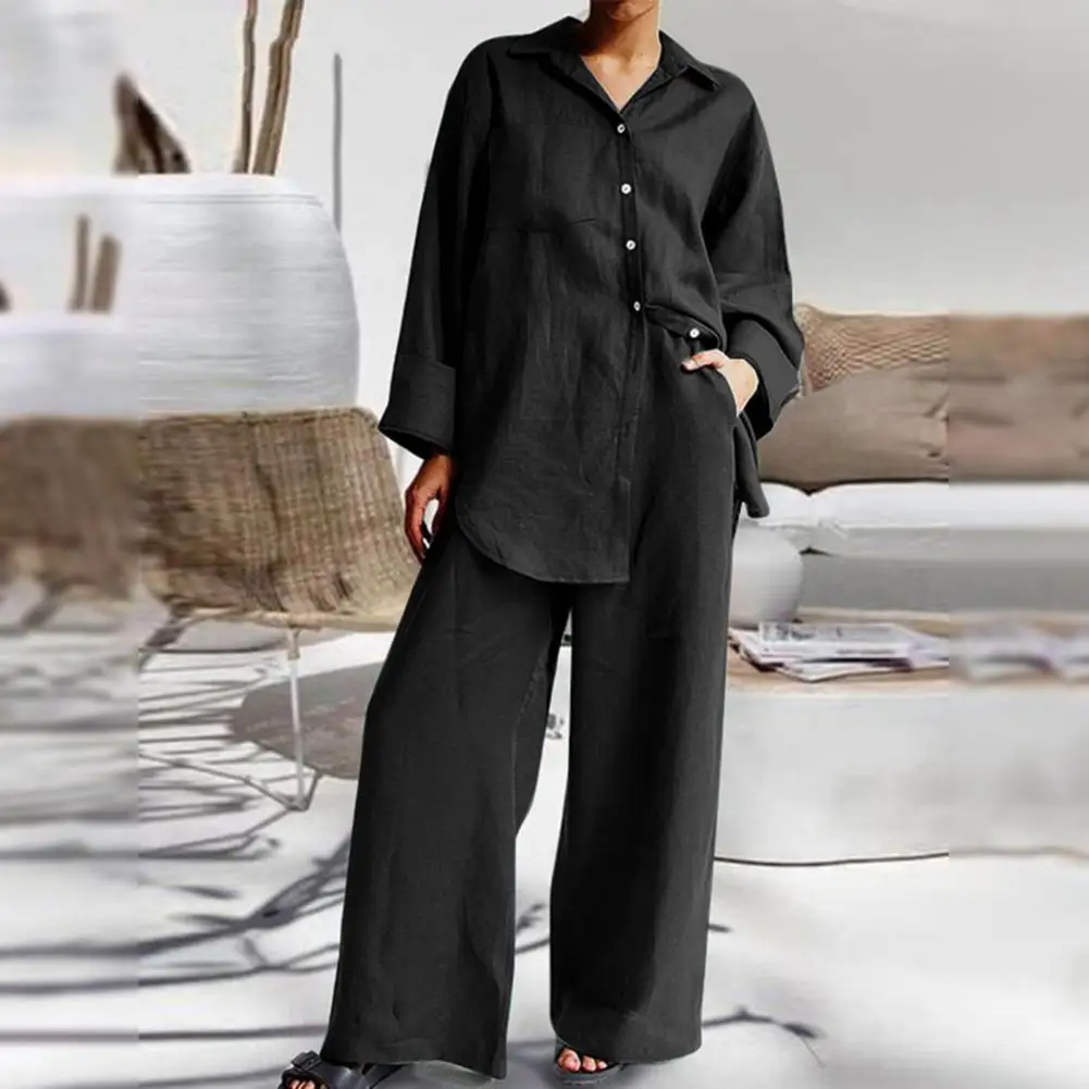 Women Shirt Pants Set Women's Homewear Set Solid Color Shirt Wide Leg Pants Turn-down Collar Top with Elastic Waist Trousers