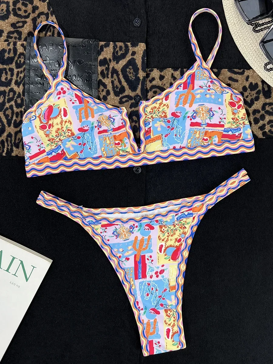 

Женский купальник на косточках с цветочным принтом и V-образным вырезом, женский купальник, комплект бикини из двух частей, купальный костюм с высоким вырезом, одежда для купания