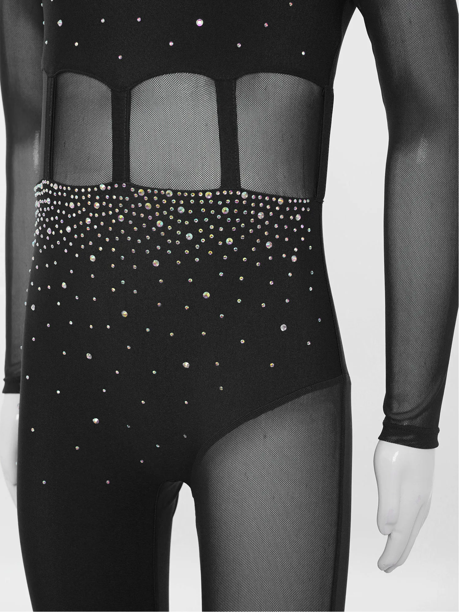 Girls Ballet Gymnastics Workout Dance Jumpsuit Figure Skating Romper Sheer Mesh Mock Neck Long Sleeve and Keyhole Back Dancewear