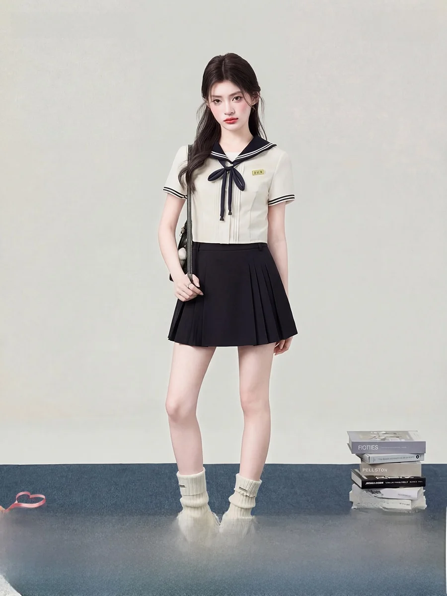 

Korean Style Uniform Shirt Sweet College Style Short Sleeve Breathable Women's Summer Shirt Graduation Season Set Student