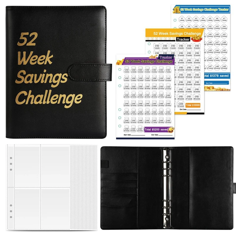 52 Week Money Saving Challenge Binder with Cash Envelopes for Saving, A5 Budget Binder Savings Challenges Book Black