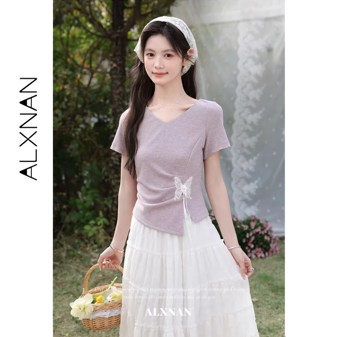 ALXNAN Purple Short Sleeve T-shirt V-neck Lace Butterfly Slit Design Elegant T-shirts Summer Female Tops with Streamers L62923