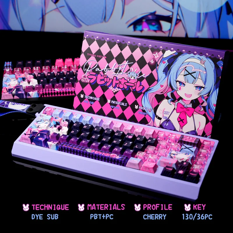 Rabbit Hole Theme Anime Keycaps Mechanical Keyboard Cherry Side Transparent Keycaps PBT+PC Custom Keycaps Gaming Keyboard Gift