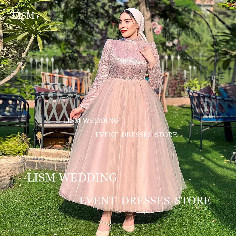 LISM Luxury Pink Muslim A Line Evening Dresses With Hijab Arabric Dubai Sequined Long Sleeves For Women Formal Party Prom Gowns