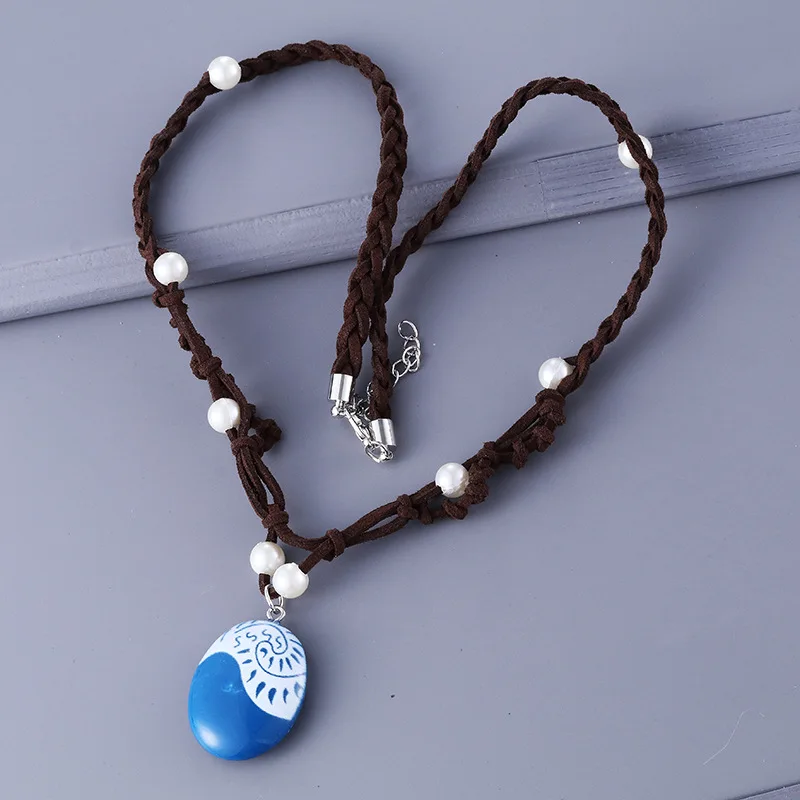 Moana Ocean Rope Chain Necklace for Women Blue Stone Pendant Leather Suede Choker Girls Jewelry Gift