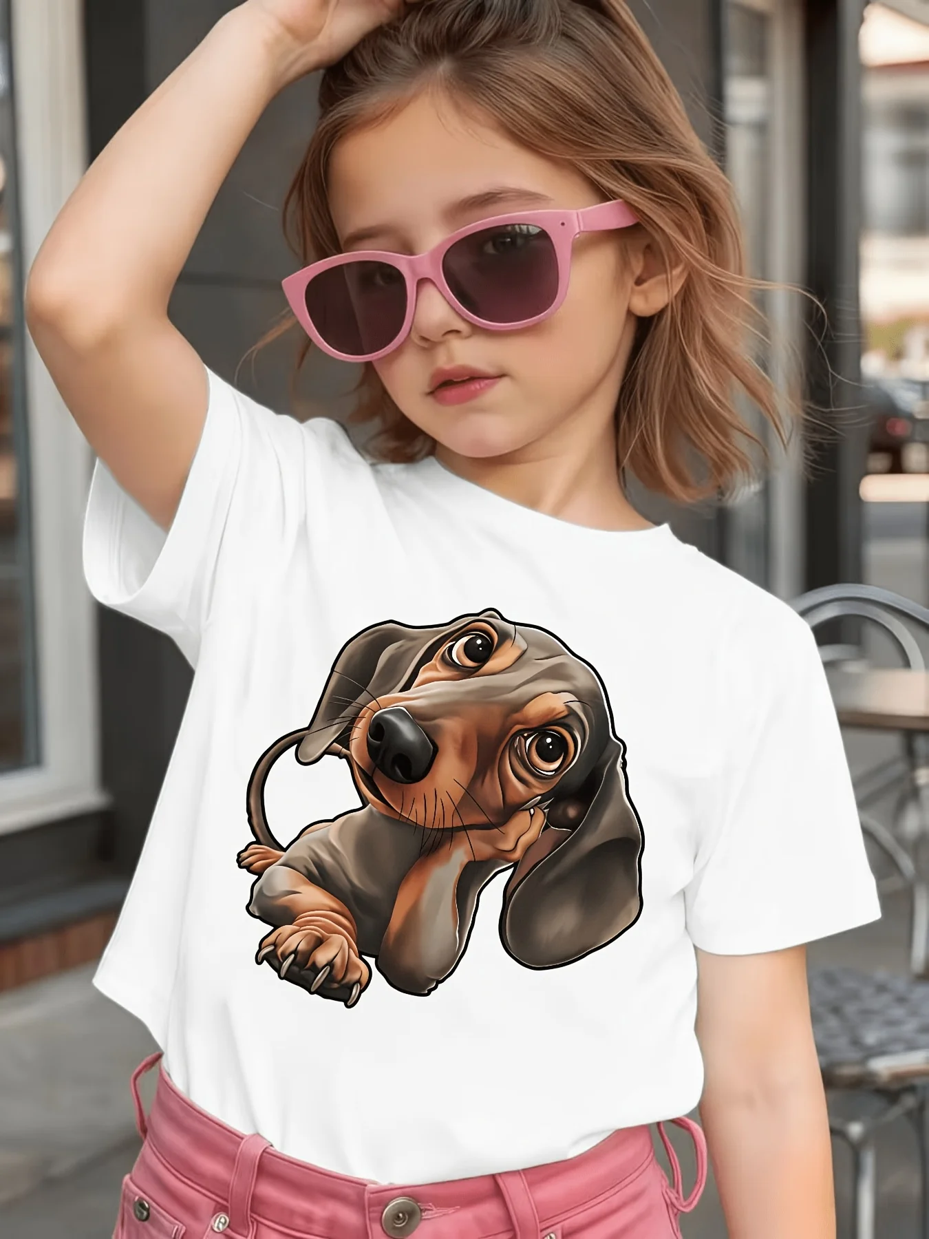 Cute Hand Cheek Dachshund 3D Cartoon Print Kids T Shirt Boys Girls Family Cotton Short Sleeve Daily Casual Tees For Toddler Kids