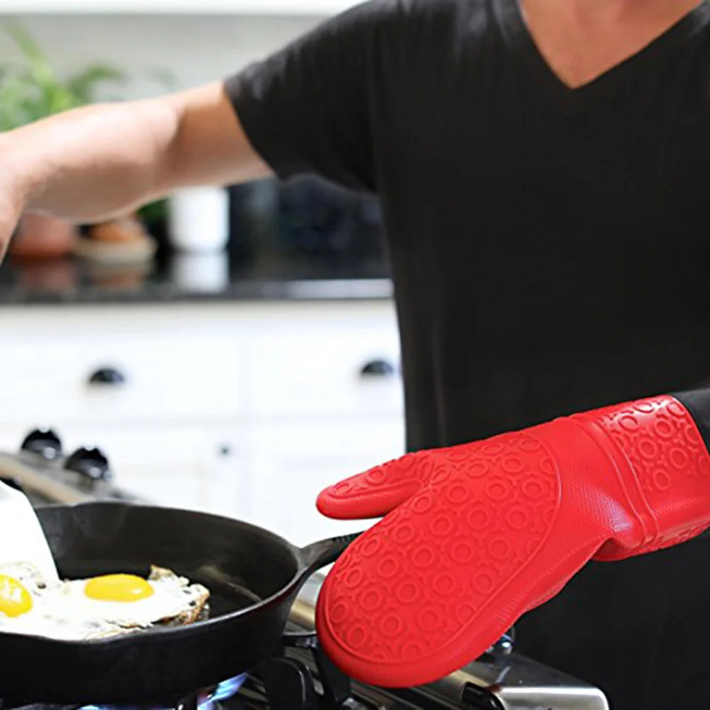 

2pc Heat Resistant Aramid Fiber Grill Gloves With Silicone Grip Insulated Oven Mitts For Cooking Baking Smoking Long Cuff Red