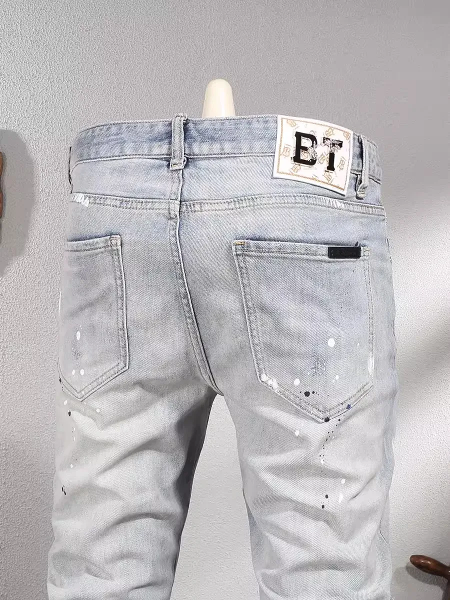 Fashion Streetwear Men Jeans Retro Light Blue Elastic Stretch Slim Fit Ripped Jeans Men Painted Designer Vintage Denim Pants