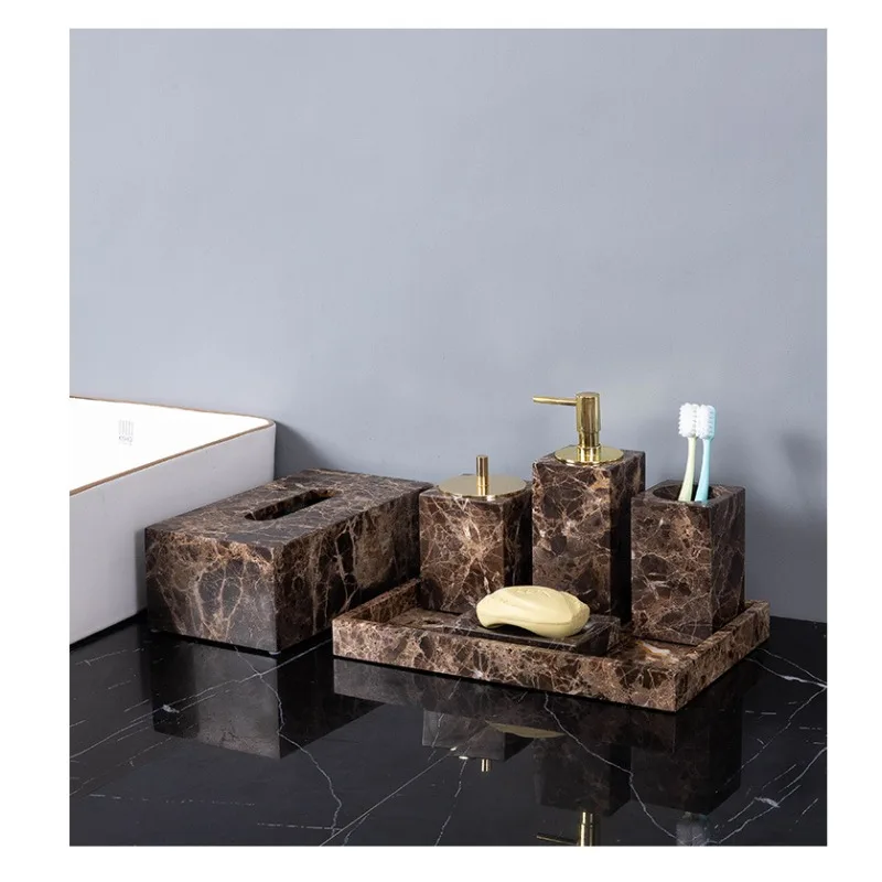 Dark Natural Marble Bathroom Accessories Luxury Soap Dispenser Soap Dish Reed diffuser Bathroom Set