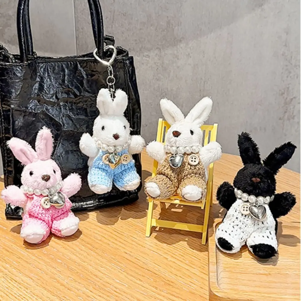 

Pearl Necklace Plush Rabbit Keychain Handmade Sweater PP Cotton Bunny Stuffed Toys Pendant Soft Ins Bunny Heart Keyring